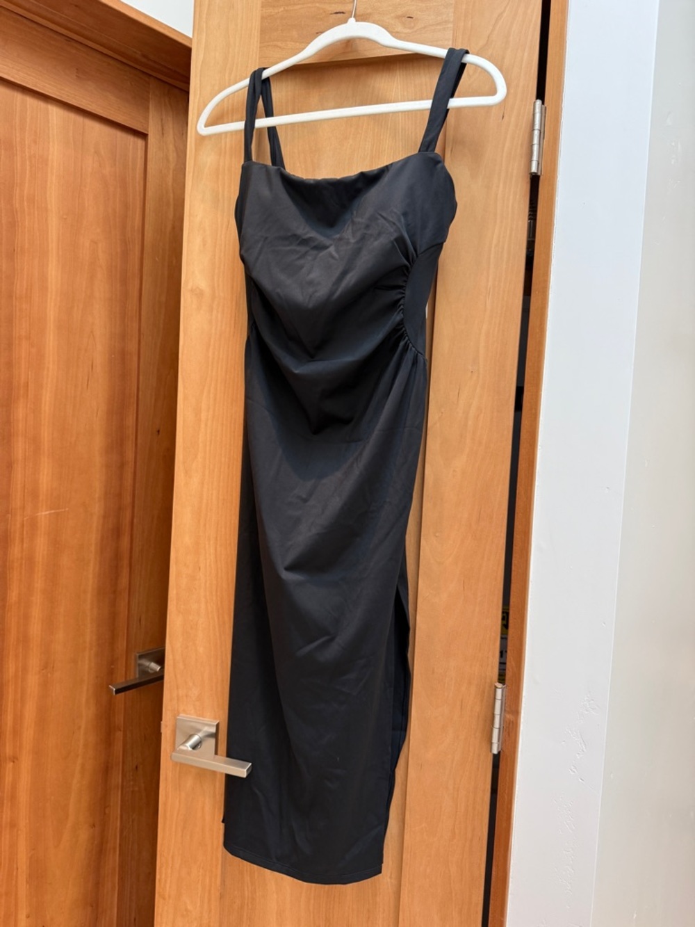 NWT HALARA Black Midi Dress with Square Neck Straps side ruching size small soft